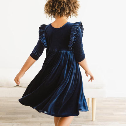 Navy Velvet Ruffle Twirl Dress - Dashing Nova