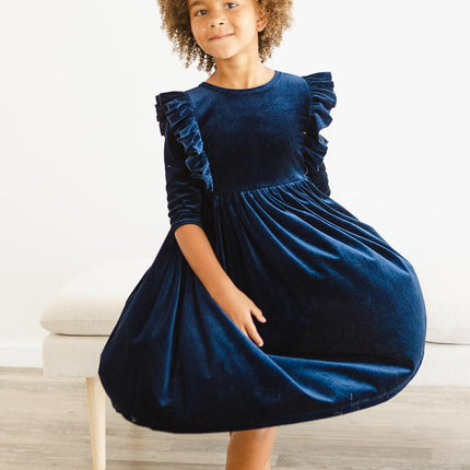 Navy Velvet Ruffle Twirl Dress - Dashing Nova