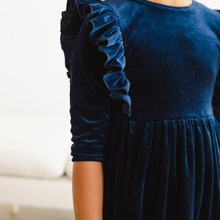 Navy Velvet Ruffle Twirl Dress - Dashing Nova