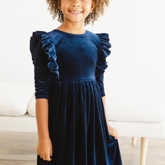 Navy Velvet Ruffle Twirl Dress - Dashing Nova