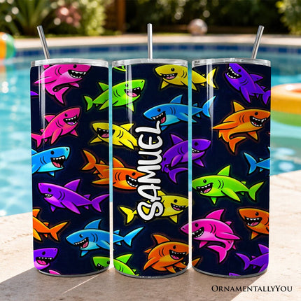 Neon Cartoon Shark Pattern 20oz Personalized Tumbler With Lid and Stainless Steel Straw, Kids Ocean Animal Gift Cup
