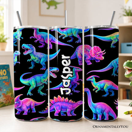 Neon Dinosaur Pattern 20oz Personalized Tumbler With Lid and Stainless Steel Straw, Colorful Prehistoric Gift Cup