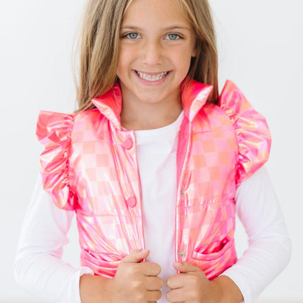 Neon Pink Checker Puffer Vest - Dashing Nova