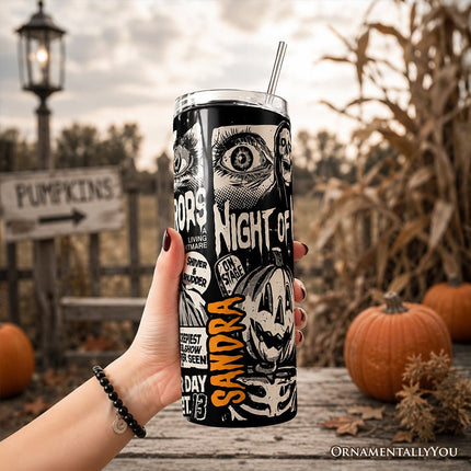 Night of Horrors Retro Halloween 20oz Personalized Tumbler With Lid and Stainless Steel Straw, Vintage Spooky Poster Gift Cup