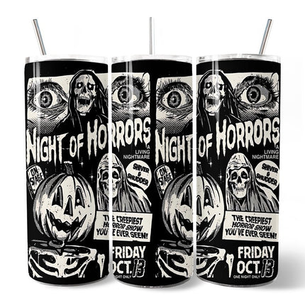 Night of Horrors Retro Halloween 20oz Personalized Tumbler With Lid and Stainless Steel Straw, Vintage Spooky Poster Gift Cup
