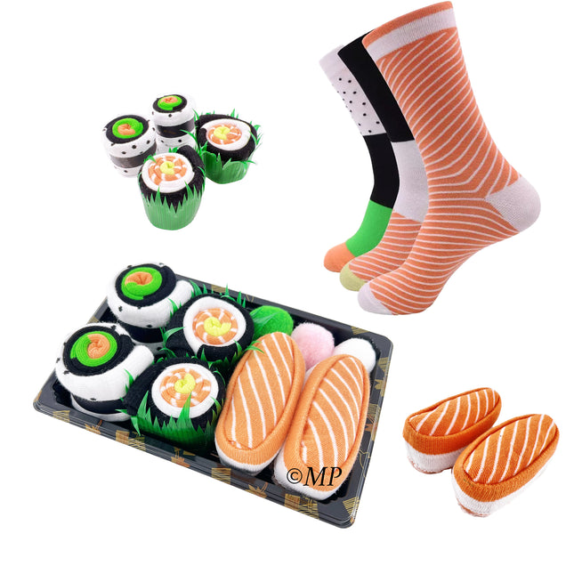 Sushi Socks, 3 Pairs Fun Socks, Unique Holiday Funny Novelty Socks for Men and Women, Birthday, Valentines, Anniversary, Christmas Crazy Gift Idea