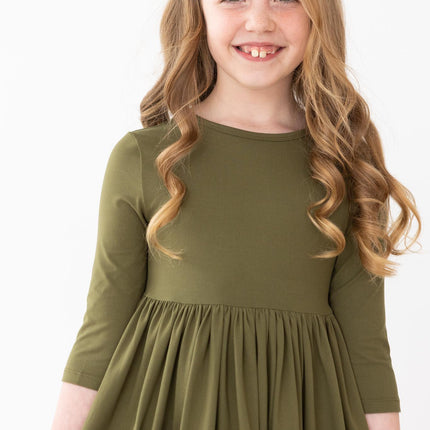 Olive 3/4 Sleeve Pocket Twirl Dress - Dashing Nova
