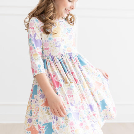 Pastel Floral Bunnies 3/4 Sleeve Pocket Twirl Dress - Dashing Nova