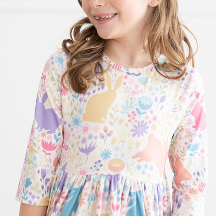 Pastel Floral Bunnies 3/4 Sleeve Pocket Twirl Dress - Dashing Nova