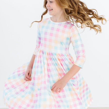 Pastel Plaid 3/4 Sleeve Pocket Twirl Dress - Dashing Nova