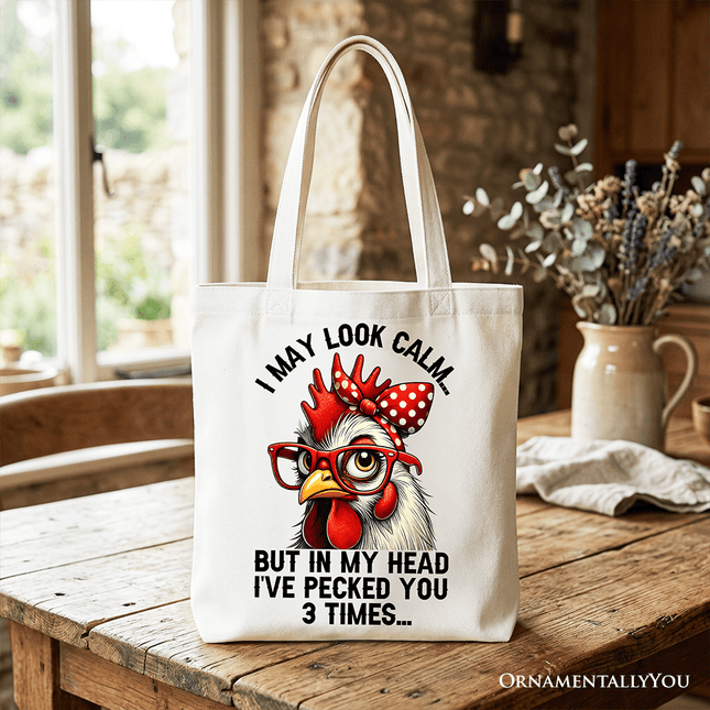 Pecking Chicken Tote Bag, Red Glasses and Bow White Gift Shopper for Sassy Women