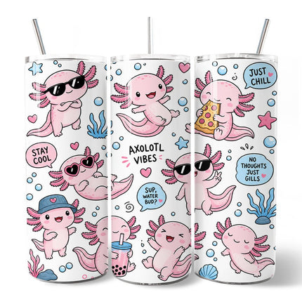 Pink Axolotl Vibe 20oz Personalized Tumbler With Lid and Stainless Steel Straw, Sea Animal Pattern Gift Cup