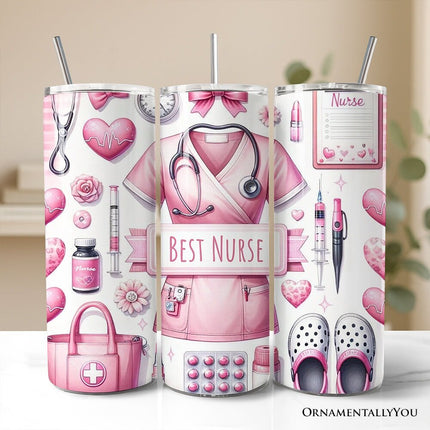 Pink Nurse Life 20oz Personalized Tumbler With Lid and Stainless Steel Straw, Medical Worker Appreciation Gift Cup