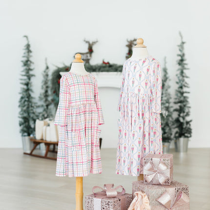 Pink Plaid 3/4 Sleeve Pocket Twirl Dress - Dashing Nova