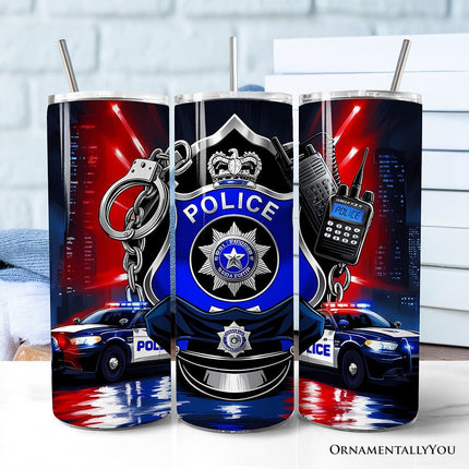 Police Badge and Patrol Car 20oz Personalized Tumbler With Lid and Stainless Steel Straw, Law Enforcement Appreciation Gift Cup