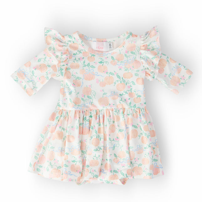 Pretty Pumpkins 3/4 Sleeve Flutter Twirl Bodysuit - Dashing Nova