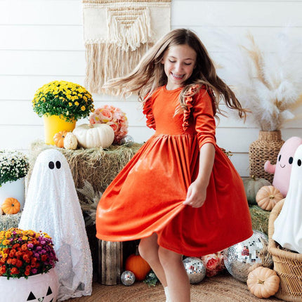 Pumpkin Spice Velvet Ruffle Twirl Dress - Dashing Nova