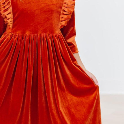 Pumpkin Spice Velvet Ruffle Twirl Dress - Dashing Nova