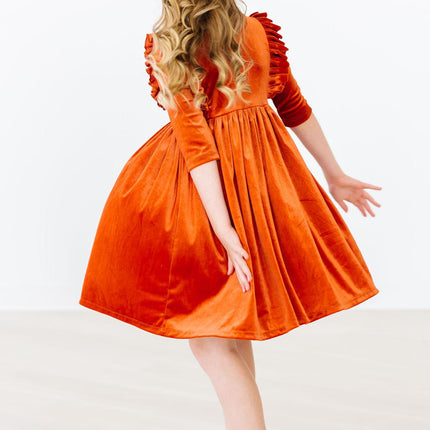 Pumpkin Spice Velvet Ruffle Twirl Dress - Dashing Nova