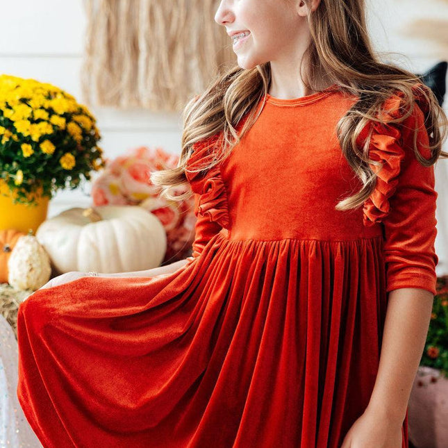 Pumpkin Spice Velvet Ruffle Twirl Dress - Dashing Nova