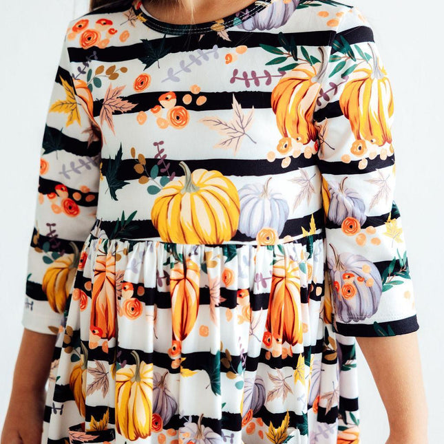 Pumpkins & Peonies 3/4 Sleeve Pocket Twirl Dress - Dashing Nova
