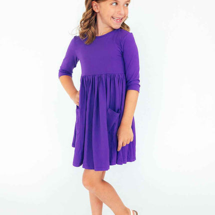 Purple 3/4 Sleeve Pocket Twirl Dress