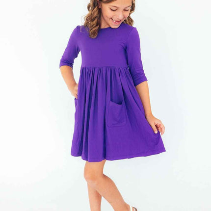 Purple 3/4 Sleeve Pocket Twirl Dress