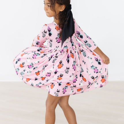 Purr-fectly Spooky 3/4 Sleeve Pocket Twirl Dress - Dashing Nova