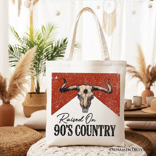 Raised On 90s Country Tote Bag, Vintage Bull Skull Gift Shopper