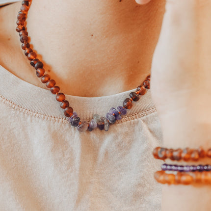 Raw Cognac Baltic Amber + Raw Amethyst || Necklace