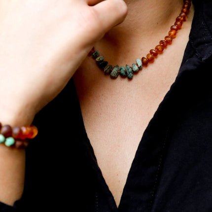 Raw Cognac Baltic Amber + Raw Turquoise Jasper || Necklace