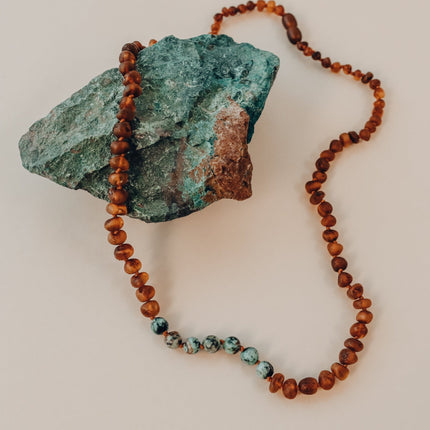 Raw Cognac Baltic Amber + Turquoise Jasper || Necklace
