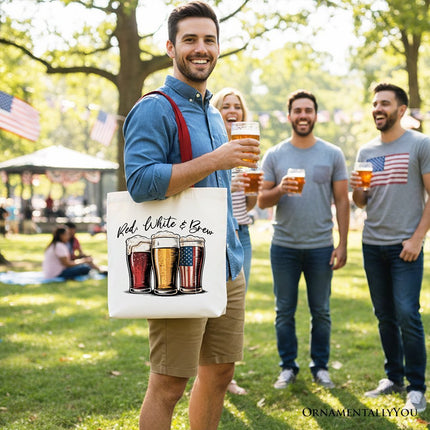 Red White and Brew Beer American Tote Bag, Patriotic USA 4th of July Gift Shopper