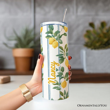 Refreshing Lemon Branches 20oz Personalized Tumbler With Lid and Stainless Steel Straw, Summer Citrus Pattern Gift Cup