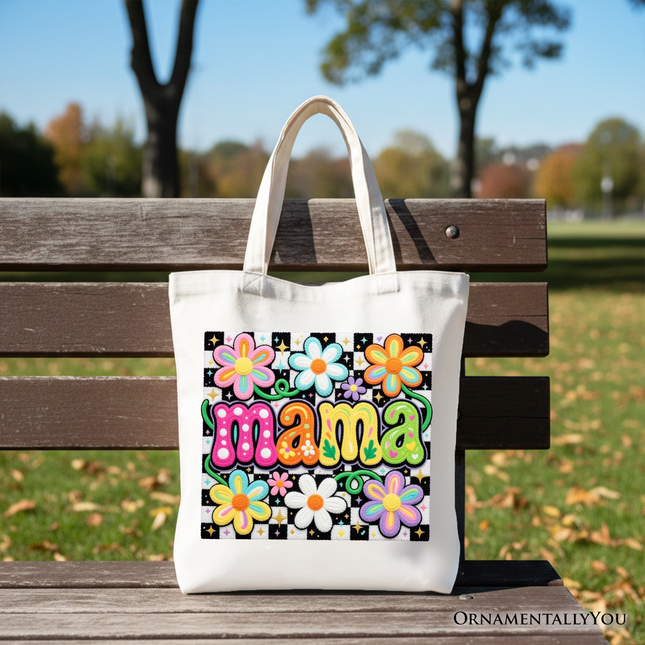 Retro Floral Mama Printed Faux Yarn Tote Bag, Colorful Mother's Day Gift Shopper