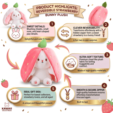 Reversible Strawberry Bunny Plush Toy Soft Polyester Kids Easter Basket Stuffer Gift Birthday Surprise for Girls and Boys