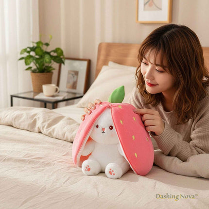 Reversible Strawberry Bunny Plush Toy Soft Polyester Kids Easter Basket Stuffer Gift Birthday Surprise for Girls and Boys