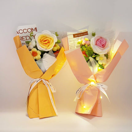 Rose Crochet Flowers Bouquet Knitted Flower Wrap with Light and Bag for Gift Home Decoration Ornaments