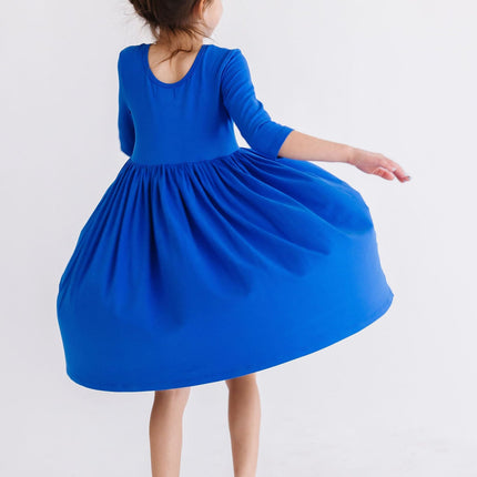 Royal Blue 3/4 Sleeve Pocket Twirl Dress - Dashing Nova