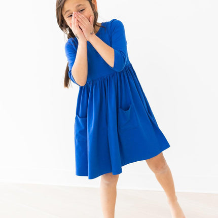 Royal Blue 3/4 Sleeve Pocket Twirl Dress - Dashing Nova