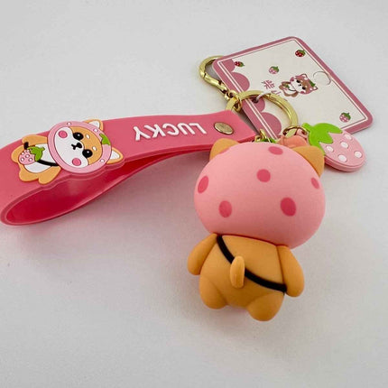 Shiba Inu Strawberry Keyring, Zinc Alloy Fastener, Sweet Feminine Bag Charm, Everyday Kawaii Fashion Accessory Gift