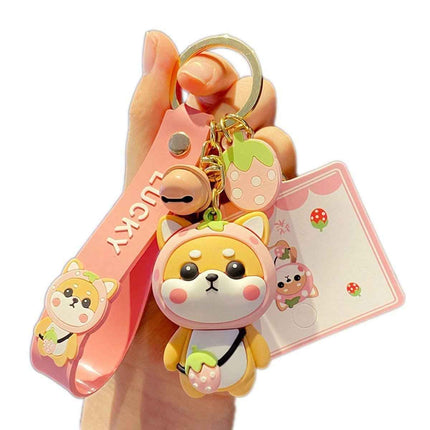 Shiba Inu Strawberry Keyring, Zinc Alloy Fastener, Sweet Feminine Bag Charm, Everyday Kawaii Fashion Accessory Gift