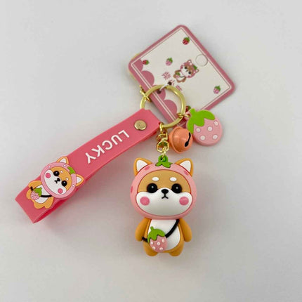 Shiba Inu Strawberry Keyring, Zinc Alloy Fastener, Sweet Feminine Bag Charm, Everyday Kawaii Fashion Accessory Gift