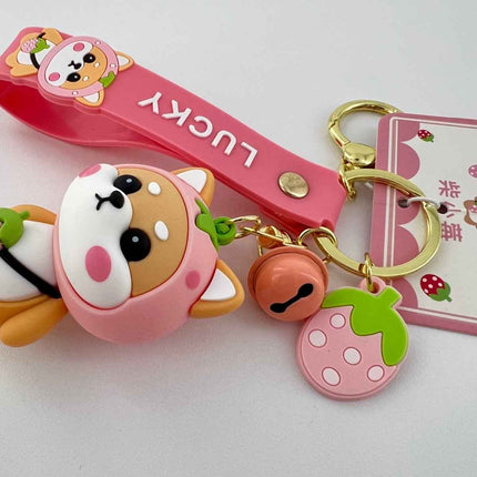 Shiba Inu Strawberry Keyring, Zinc Alloy Fastener, Sweet Feminine Bag Charm, Everyday Kawaii Fashion Accessory Gift