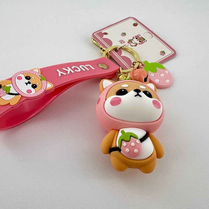 Shiba Inu Strawberry Keyring, Zinc Alloy Fastener, Sweet Feminine Bag Charm, Everyday Kawaii Fashion Accessory Gift