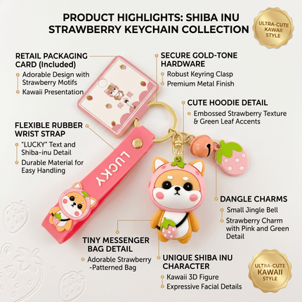 Shiba Inu Strawberry Keyring, Zinc Alloy Fastener, Sweet Feminine Bag Charm, Everyday Kawaii Fashion Accessory Gift