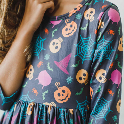 Skeleton Web 3/4 Sleeve Pocket Twirl Dress - Dashing Nova