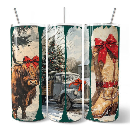Small Town Christmas 20oz Personalized Tumbler With Lid and Stainless Steel Straw, Highland Cow Rustic Western Cowgirl Gift Cup