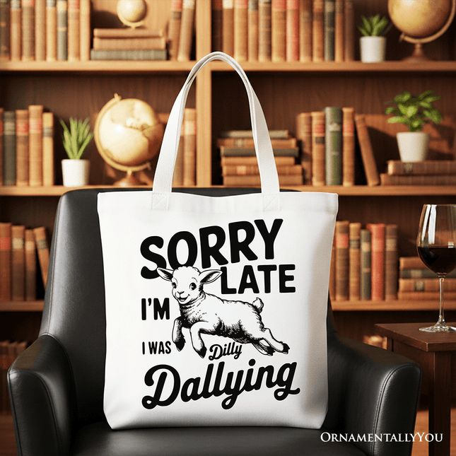 Sorry I'm Late Funny Lamb Tote Bag, Retro Dilly Dallying Gift Shopper for Quirky Women