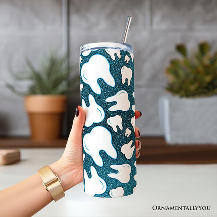 Sparkly Blue Tooth Pattern 20oz Personalized Tumbler With Lid and Stainless Steel Straw, Dental Hygienist Gift Cup